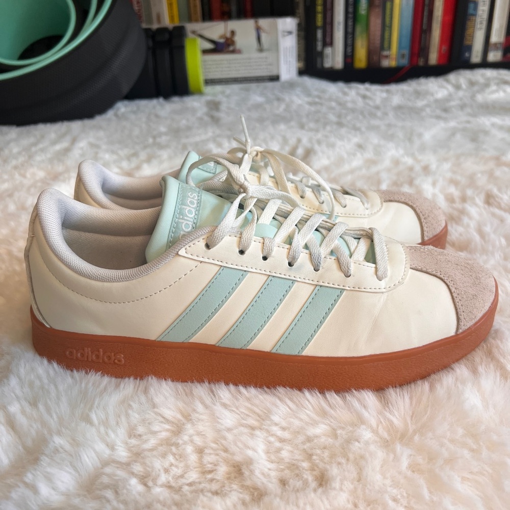Adidas VL Court Base in Core White, Halo Mint, and Halo Ivory colorway